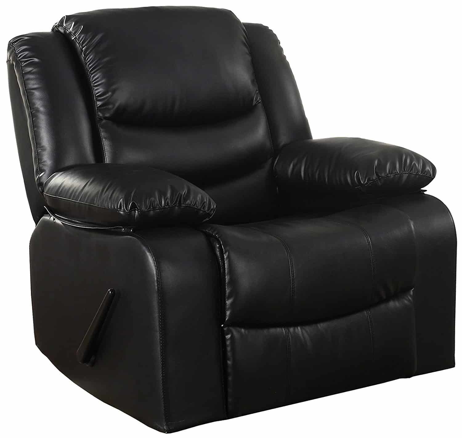 黑色倾斜的摇椅与粘合皮革内饰和过度填充填充的座位和扶手休息。