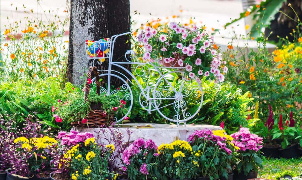 带自行车插秧机的花园