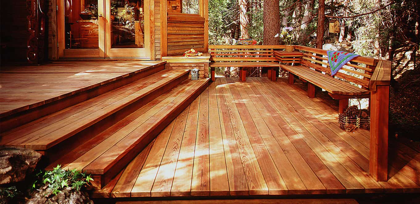 这个质朴的露台提供了一个被树木和其他绿色植物环绕的长凳座位。