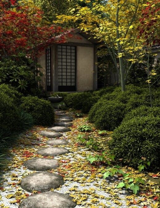 圆形的石头点缀着日本的枫叶，形成了这条走道。