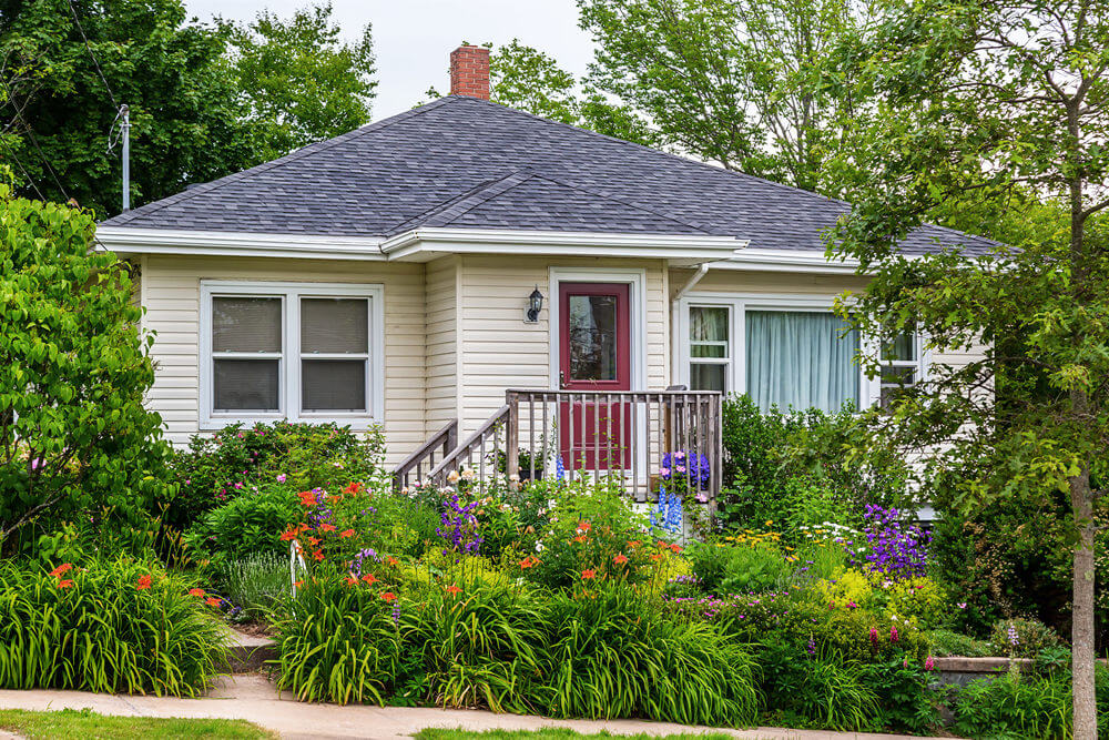 一个简单的美国房子设计，充满了景观草和花朵，从其木制的阶梯到了它的人行道。