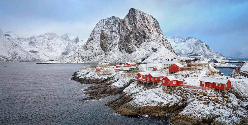 鸟瞰布满红色房屋的挪威渔村。